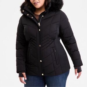 MICHAEL Michael Kors Black Puffer Coat with Fur Trim